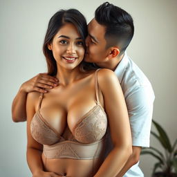 A 39-year-old Indonesian man with pure white skin tenderly hugs a stunning 28-year-old woman from behind, kissing her cheek affectionately