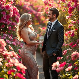A curvy blonde woman wearing an elegant evening dress, exuding sophistication and charm, standing in a vibrant flower garden filled with colorful blossoms