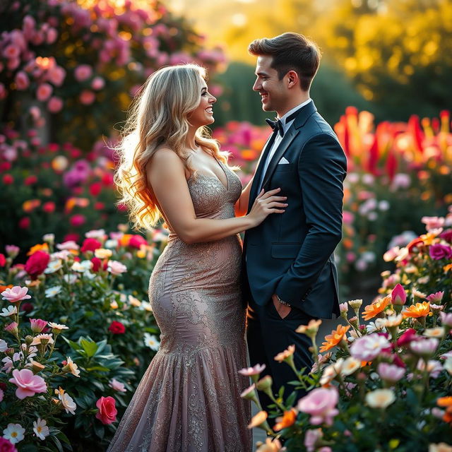 A curvy blonde woman wearing an elegant evening dress, exuding sophistication and charm, standing in a vibrant flower garden filled with colorful blossoms