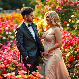 A curvy blonde woman wearing an elegant evening dress, exuding sophistication and charm, standing in a vibrant flower garden filled with colorful blossoms