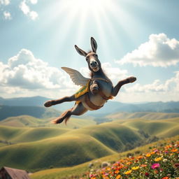 A whimsical scene featuring a flying donkey soaring through a bright, blue sky