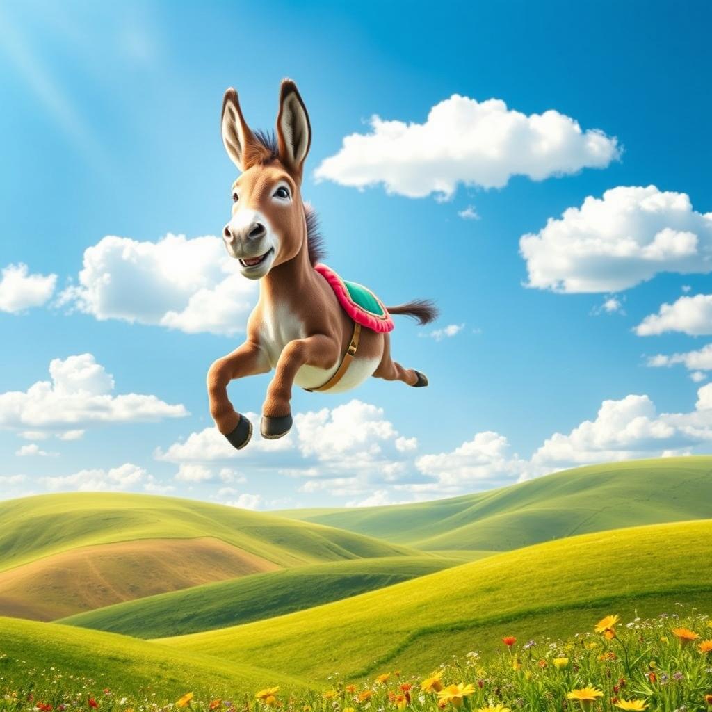 A whimsical scene featuring a flying donkey soaring through a bright, blue sky