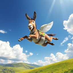 A whimsical scene featuring a flying donkey soaring through a bright, blue sky