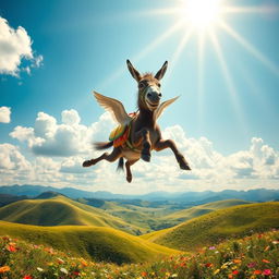A whimsical scene featuring a flying donkey soaring through a bright, blue sky
