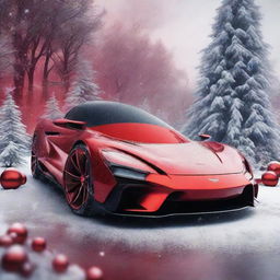 A sleek supercar in glossy red, with design details mimicking the features of Rudolph the Red-Nosed Reindeer, under a snowy, festive backdrop