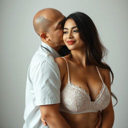 A 39-year-old Indonesian man with pure white skin gently hugs a beautiful 28-year-old woman from behind, kissing her cheek with affection