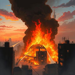 A powerful illustration of a large fire engulfing a part of Tehran, depicting towering flames and dense black smoke rising into the sky
