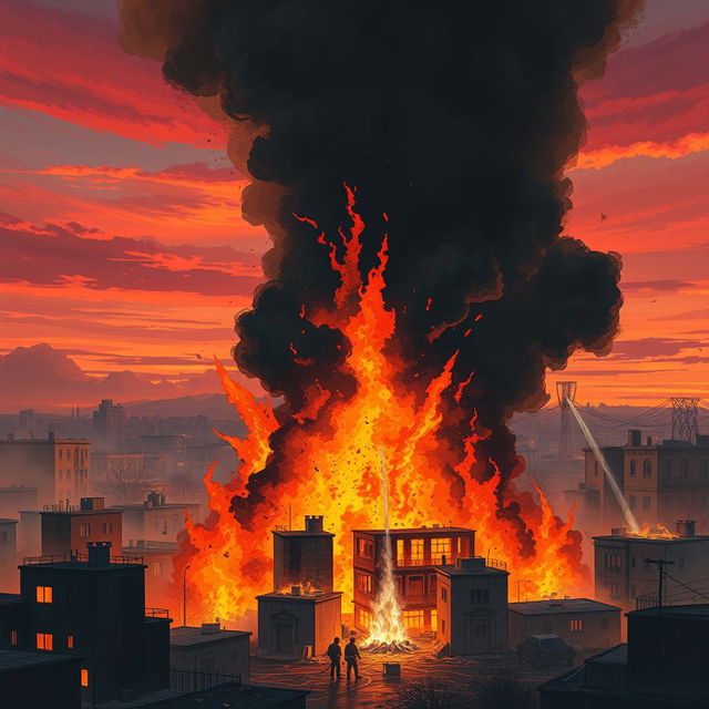 A powerful illustration of a large fire engulfing a part of Tehran, depicting towering flames and dense black smoke rising into the sky