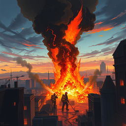 A powerful illustration of a large fire engulfing a part of Tehran, depicting towering flames and dense black smoke rising into the sky