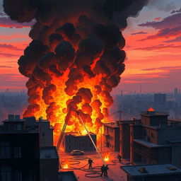 A powerful illustration of a large fire engulfing a part of Tehran, depicting towering flames and dense black smoke rising into the sky