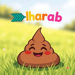 A humorous scene featuring a cartoon-style poop emoji sitting in a lighthearted outdoor setting, such as a sunny grassy field