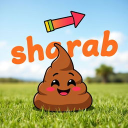 A humorous scene featuring a cartoon-style poop emoji sitting in a lighthearted outdoor setting, such as a sunny grassy field