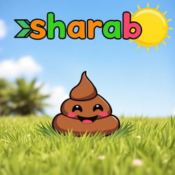 A humorous scene featuring a cartoon-style poop emoji sitting in a lighthearted outdoor setting, such as a sunny grassy field