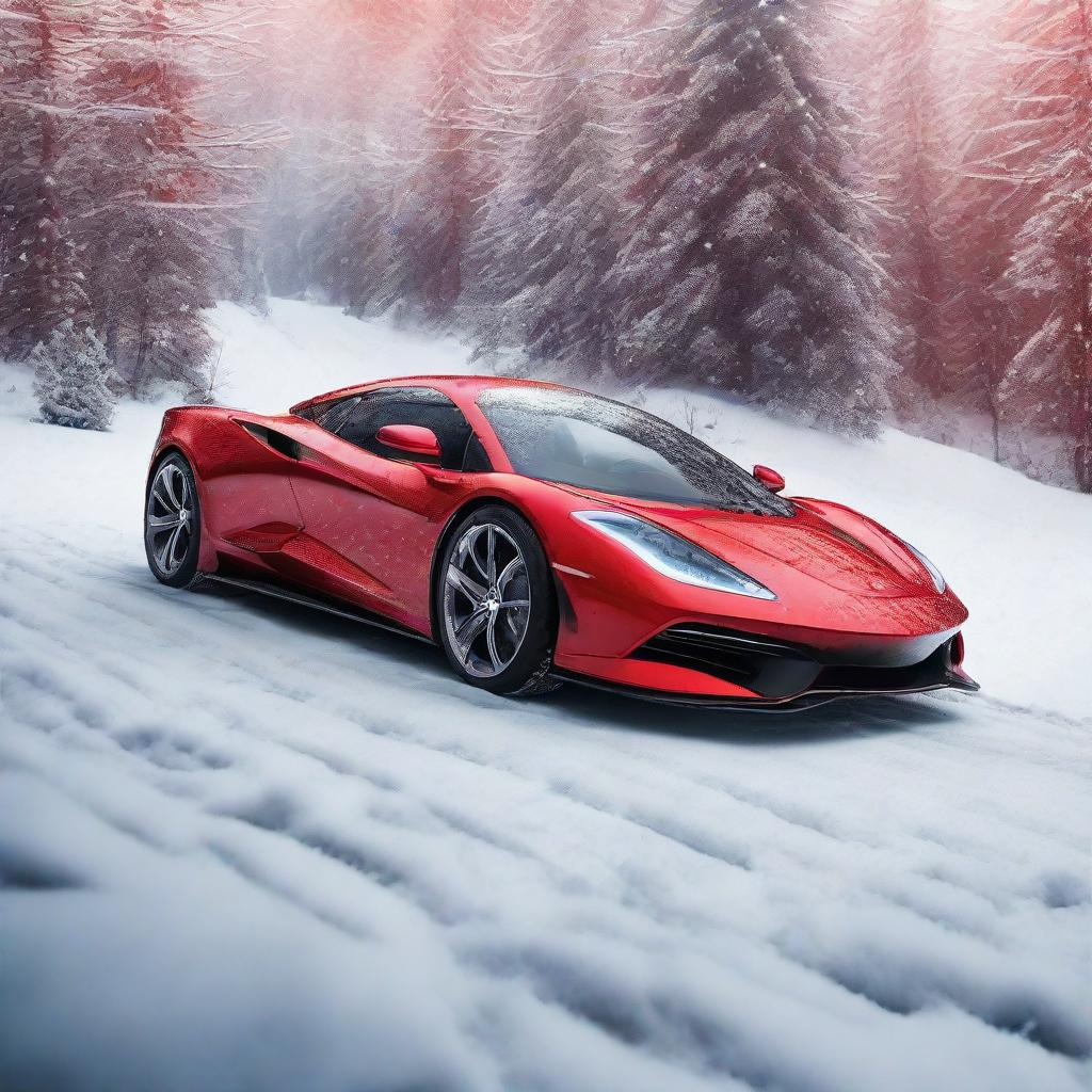 A sleek supercar in glossy red, with design details mimicking the features of Rudolph the Red-Nosed Reindeer, under a snowy, festive backdrop