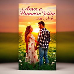 A captivating book cover for a romantic novel titled 'Amor à Primeira Vista