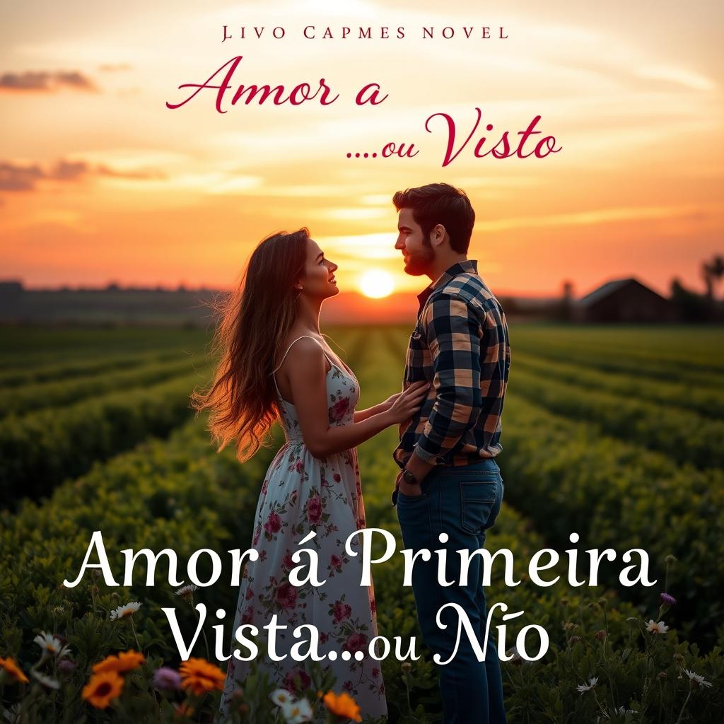 A captivating book cover for a romantic novel titled 'Amor à Primeira Vista