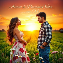 A captivating book cover for a romantic novel titled 'Amor à Primeira Vista