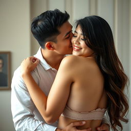 A 39-year-old Indonesian man with pure white skin hugs a beautiful 28-year-old woman from behind, kissing her cheek affectionately
