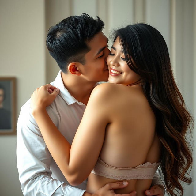 A 39-year-old Indonesian man with pure white skin hugs a beautiful 28-year-old woman from behind, kissing her cheek affectionately
