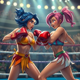 An intense boxing match scene featuring Azula, a fierce and determined Fire Nation princess, and Ty Lee, a agile and whimsical acrobat from the Earth Kingdom, both wearing vibrant bikinis and colorful boxing gloves