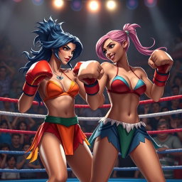 An intense boxing match scene featuring Azula, a fierce and determined Fire Nation princess, and Ty Lee, a agile and whimsical acrobat from the Earth Kingdom, both wearing vibrant bikinis and colorful boxing gloves