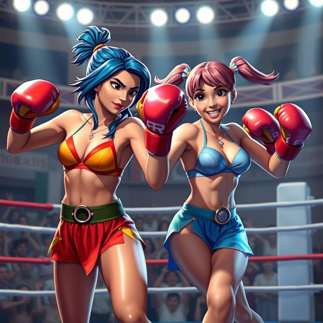 An intense boxing match scene featuring Azula, a fierce and determined Fire Nation princess, and Ty Lee, a agile and whimsical acrobat from the Earth Kingdom, both wearing vibrant bikinis and colorful boxing gloves