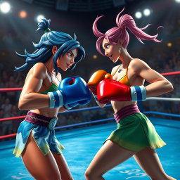 An intense boxing match scene featuring Azula, a fierce and determined Fire Nation princess, and Ty Lee, a agile and whimsical acrobat from the Earth Kingdom, both wearing vibrant bikinis and colorful boxing gloves