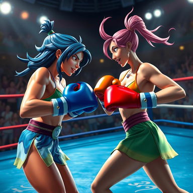 An intense boxing match scene featuring Azula, a fierce and determined Fire Nation princess, and Ty Lee, a agile and whimsical acrobat from the Earth Kingdom, both wearing vibrant bikinis and colorful boxing gloves