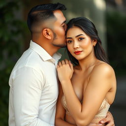 A 39-year-old Indonesian man with pure white skin lovingly hugs a beautiful 28-year-old woman from behind, kissing her cheek with deep affection