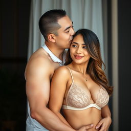 A 39-year-old Indonesian man with pure white skin lovingly hugs a beautiful 28-year-old woman from behind, kissing her cheek with deep affection