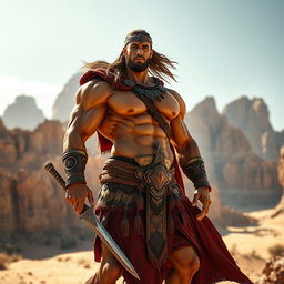 A muscular ancient Jordanian warrior showcasing an impressive physique, inspired by traditional bodybuilding poses