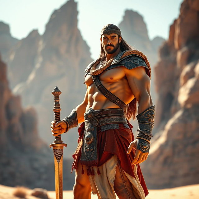 A muscular ancient Jordanian warrior showcasing an impressive physique, inspired by traditional bodybuilding poses