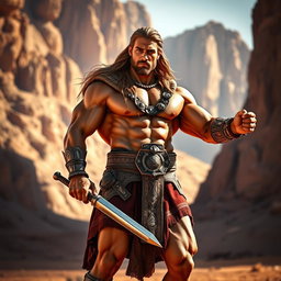 A muscular ancient Jordanian warrior showcasing an impressive physique, inspired by traditional bodybuilding poses