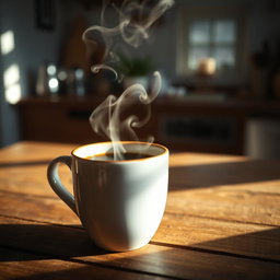 A visually engaging short video clip showcasing a steaming hot cup of coffee placed on a rustic wooden table