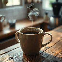 A visually engaging short video clip showcasing a steaming hot cup of coffee placed on a rustic wooden table