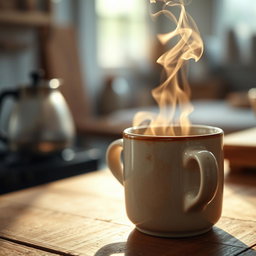 A visually engaging short video clip showcasing a steaming hot cup of coffee placed on a rustic wooden table