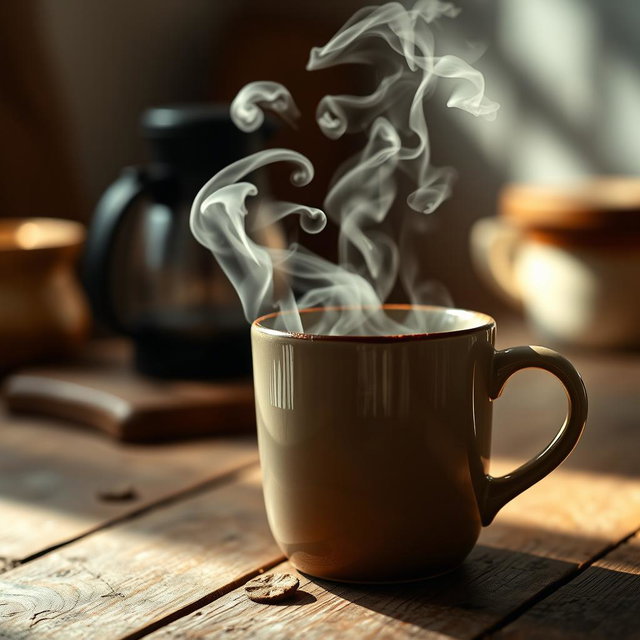 A visually engaging short video clip showcasing a steaming hot cup of coffee placed on a rustic wooden table