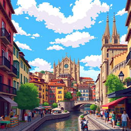 A vibrant pixel art depiction of a bustling street in Girona featuring its famous historic buildings