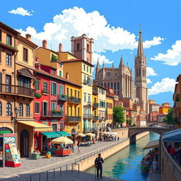 A vibrant pixel art depiction of a bustling street in Girona featuring its famous historic buildings
