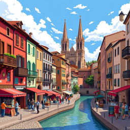 A vibrant pixel art depiction of a bustling street in Girona featuring its famous historic buildings