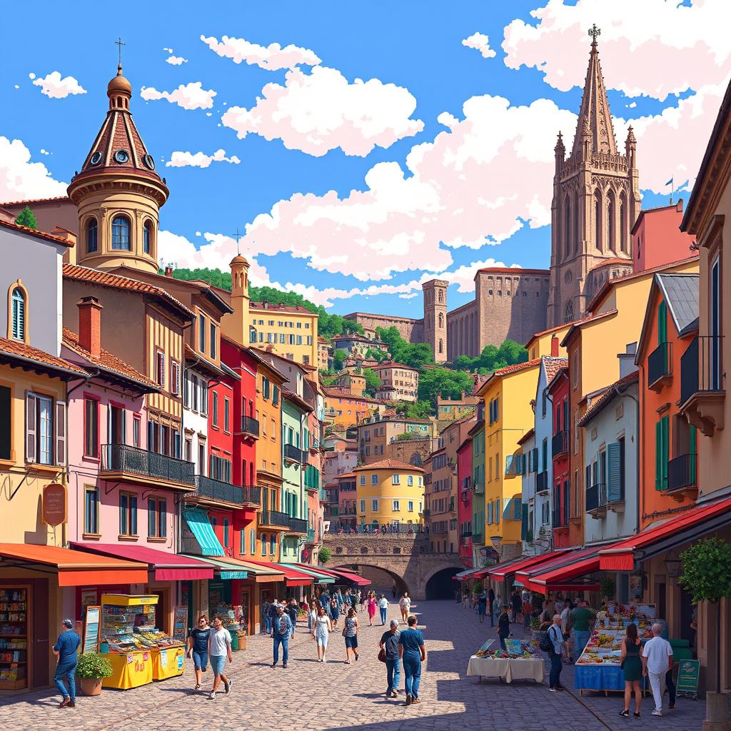 A vibrant pixel art depiction of a bustling street in Girona featuring its famous historic buildings