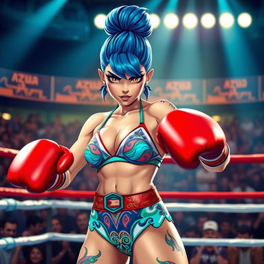 A fierce young woman named Azula wearing a vibrant bikini, standing confidently in a boxing ring