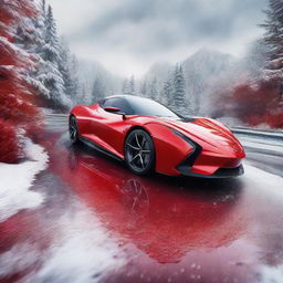 A sleek supercar in glossy red, with design details mimicking the features of Rudolph the Red-Nosed Reindeer, under a snowy, festive backdrop