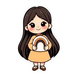 A logo design featuring a cute girl with long, straight black hair, wearing a stylish cream and brown dress