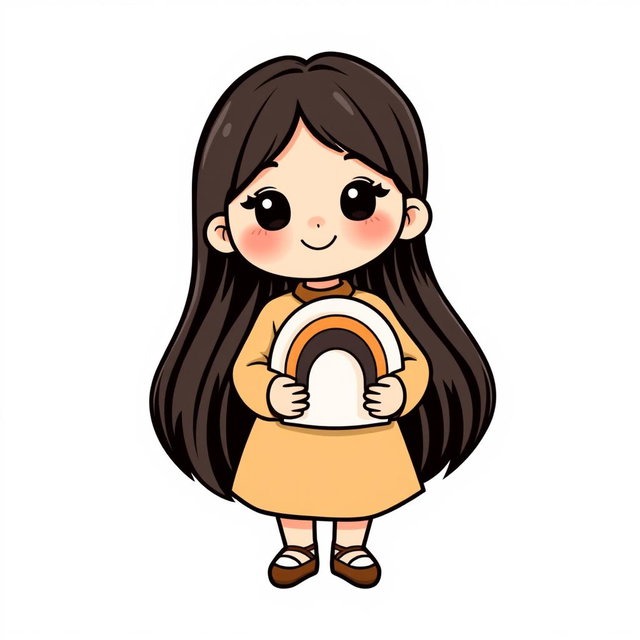 A logo design featuring a cute girl with long, straight black hair, wearing a stylish cream and brown dress
