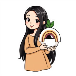 A logo design featuring a cute girl with long, straight black hair, wearing a stylish cream and brown dress