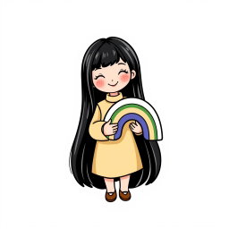 A logo design featuring a cute girl with long, straight black hair, wearing a stylish cream and brown dress