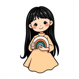 A logo design featuring a cute girl with long, straight black hair, wearing a stylish cream and brown dress