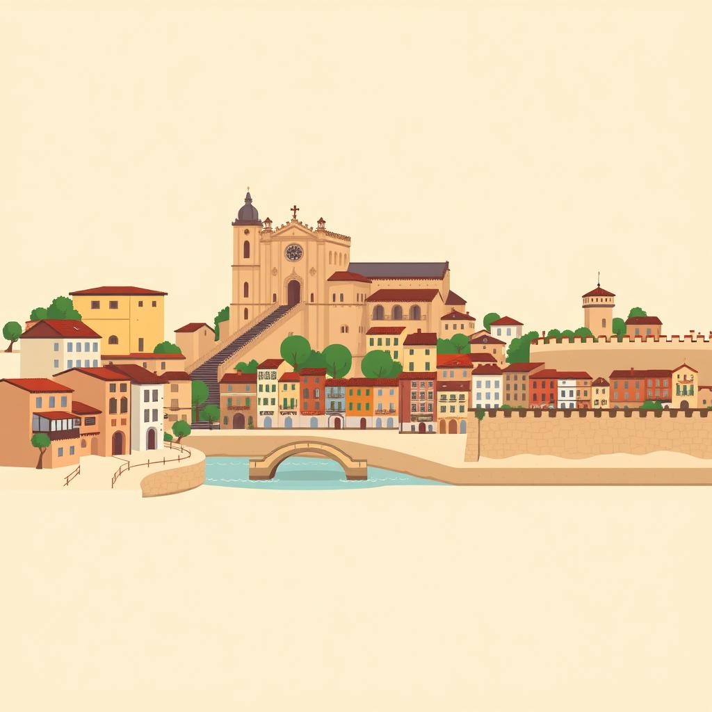 A simple pixel art background featuring iconic buildings of Girona, designed for a video game setting