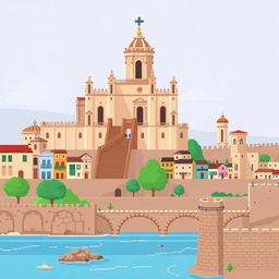 A simple pixel art background featuring iconic buildings of Girona, designed for a video game setting